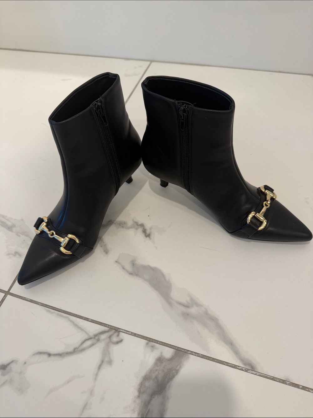 BCBGeneration Black Pointed Toe Ankle Booties with Gold Horsebit - Picture 2 of 5
